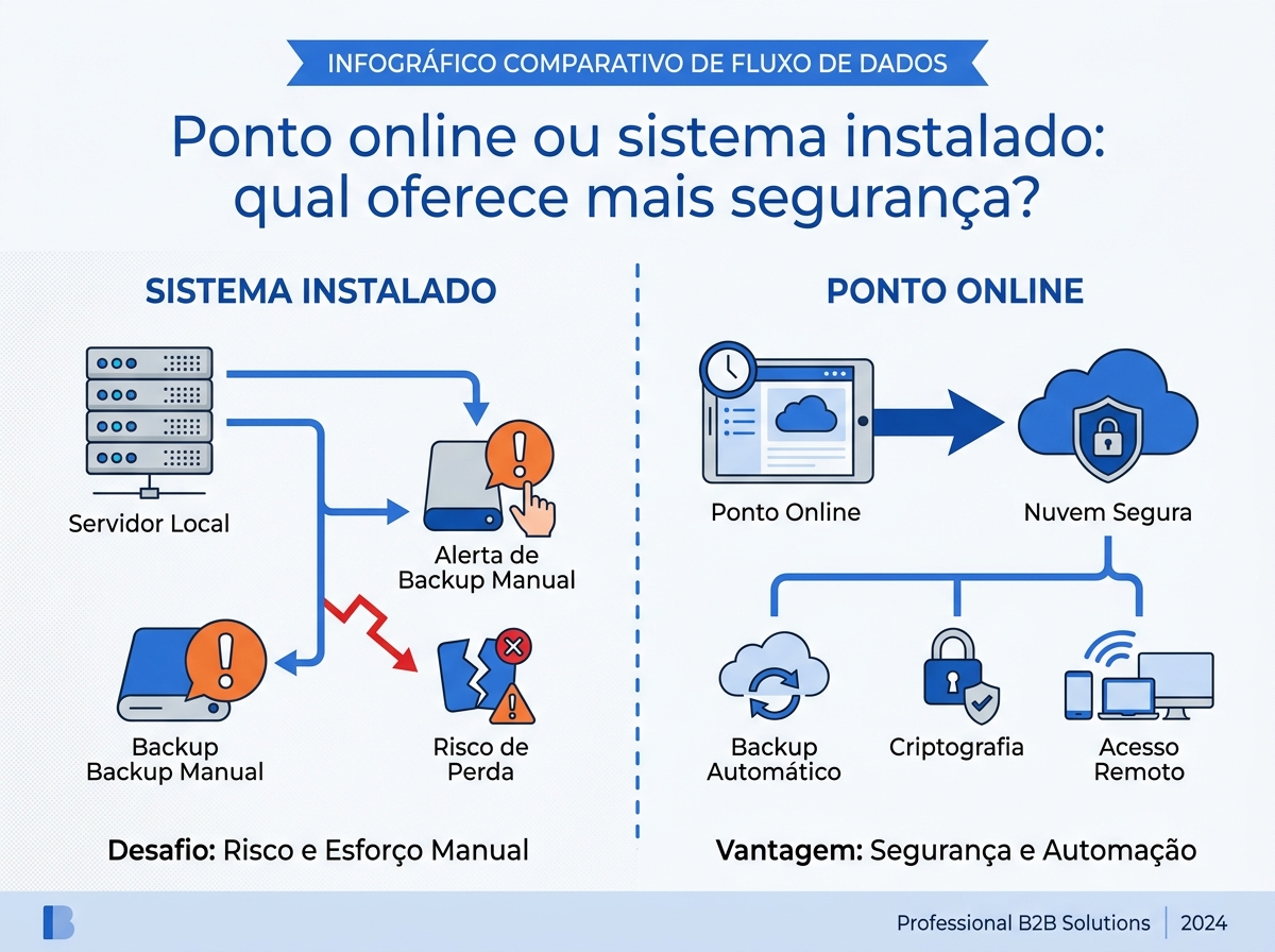 Infográfico comparando a segurança e o fluxo de dados entre sistema de ponto instalado localmente e ponto online na nuvem.