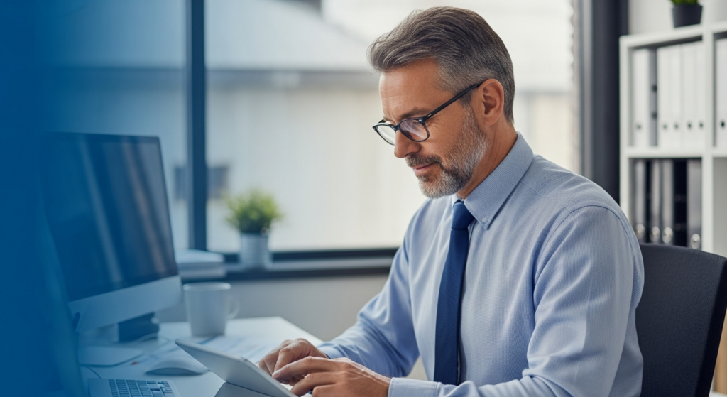 Foto realista de um empresário de meia-idade em seu escritório moderno, analisando dados em um tablet com expressão de tranquilidade. Ao fundo, um ambiente corporativo organizado e bem iluminado, transmitindo profissionalismo e segurança jurídica. Sem textos, gráficos ou elementos flutuantes. Alt: Empresário analisando dados de ponto online em um tablet no escritório.