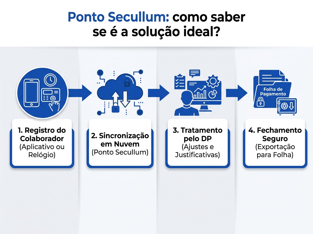 Infográfico do fluxo de registro e fechamento de ponto com o Ponto Secullum