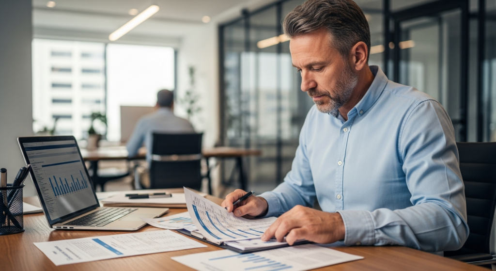 Foto realista de um empresário de meia-idade em seu escritório, analisando com atenção relatórios financeiros e planilhas impressas sobre a mesa de madeira, com expressão de foco e busca por organização. Ao fundo, um ambiente corporativo moderno e bem iluminado. Sem textos ou gráficos sobrepostos. alt: Empresário analisando relatórios de jornada e custos em seu escritório.