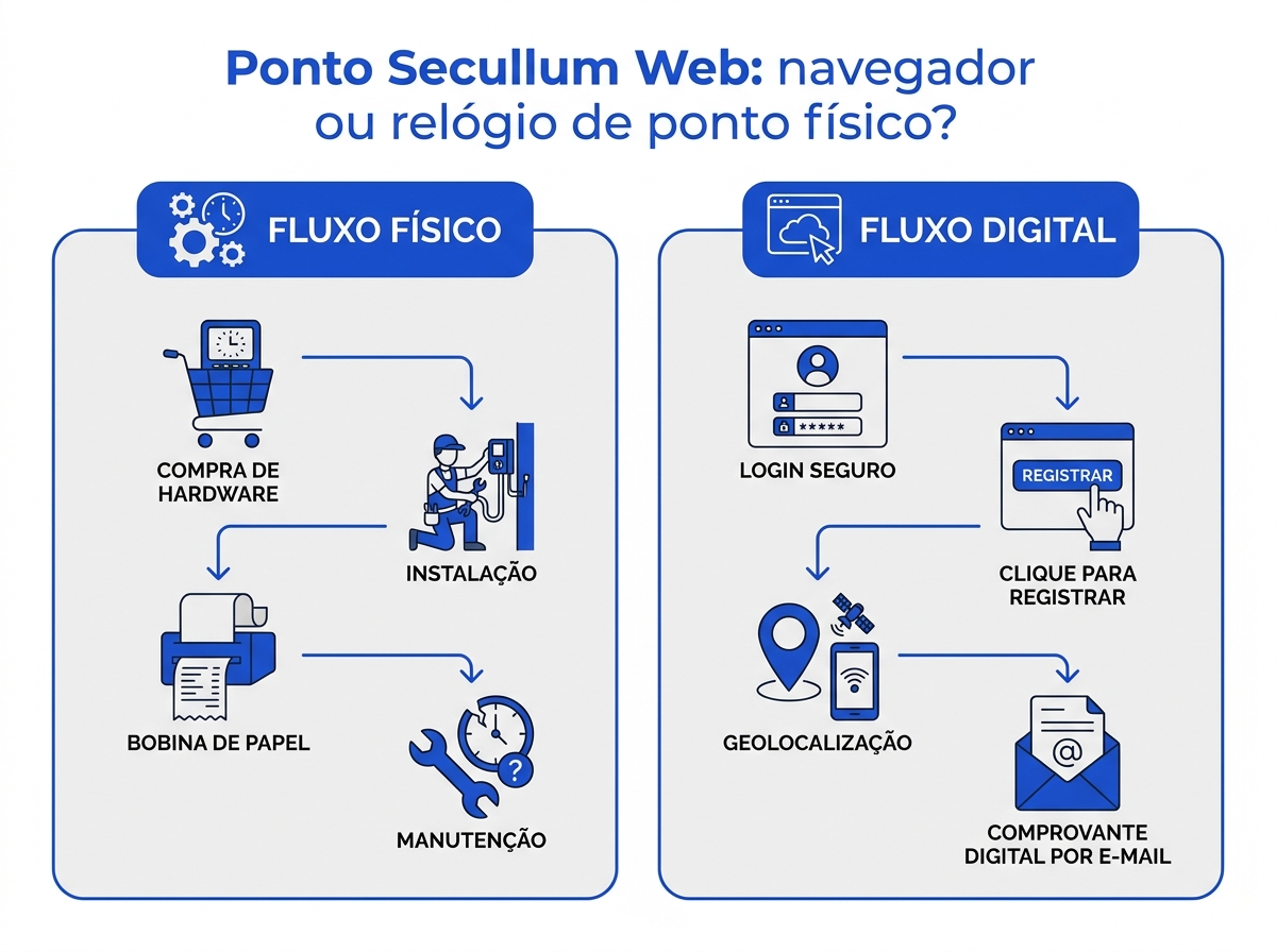 Infográfico comparativo entre o fluxo de registro de ponto físico e digital por navegador.