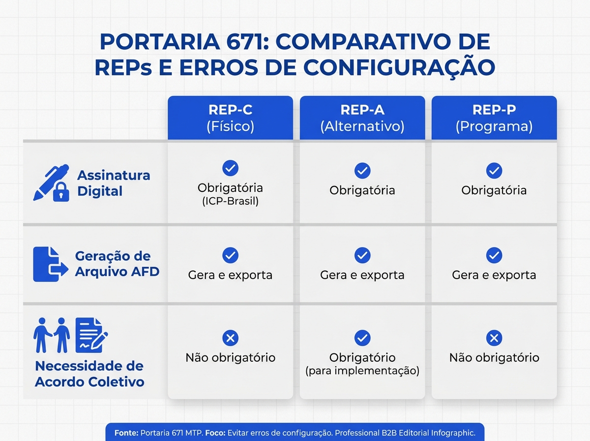 Infográfico comparativo dos tipos de REP-C, REP-A e REP-P segundo a portaria 671 ministério do trabalho.