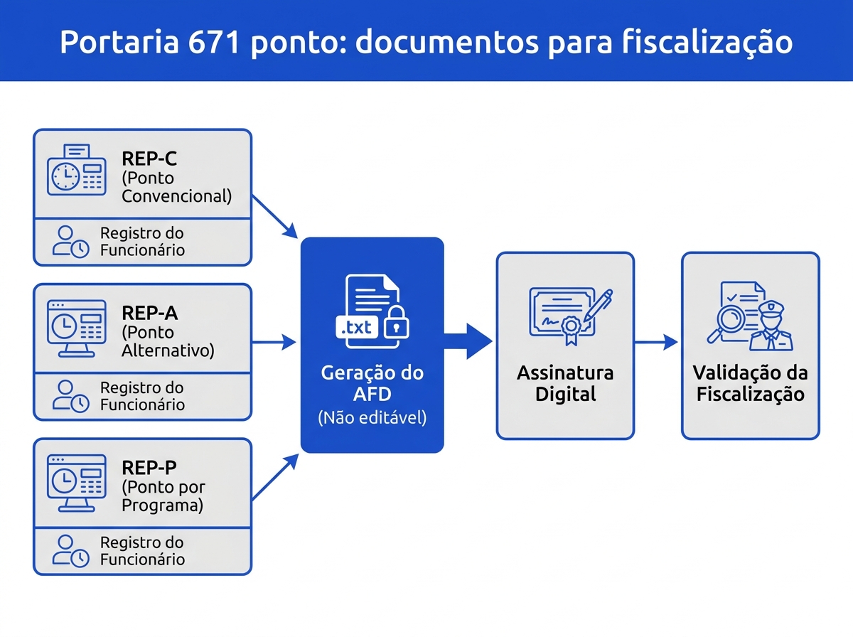Infográfico do fluxo de geração e validação do arquivo AFD segundo a Portaria 671.