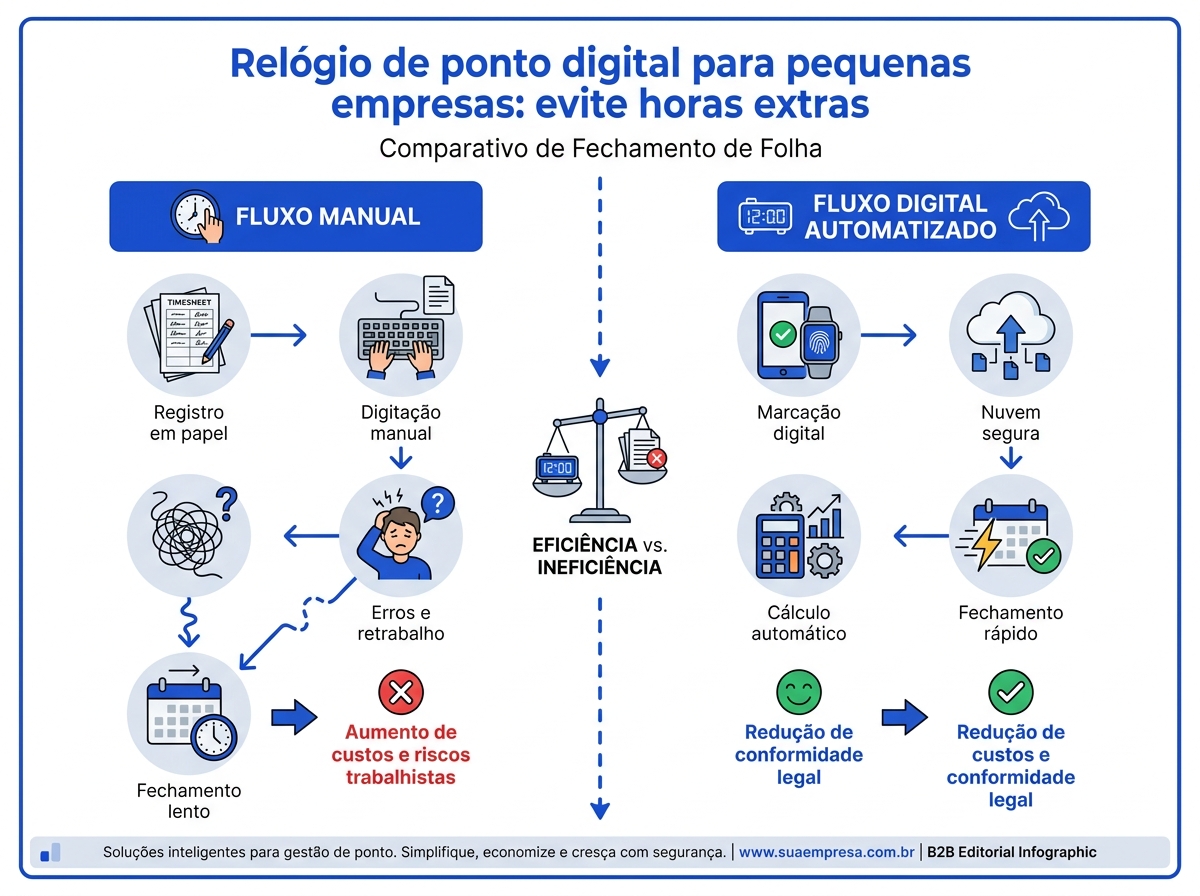 Infográfico comparativo entre o fluxo de fechamento de folha manual e o automatizado com relógio de ponto digital.