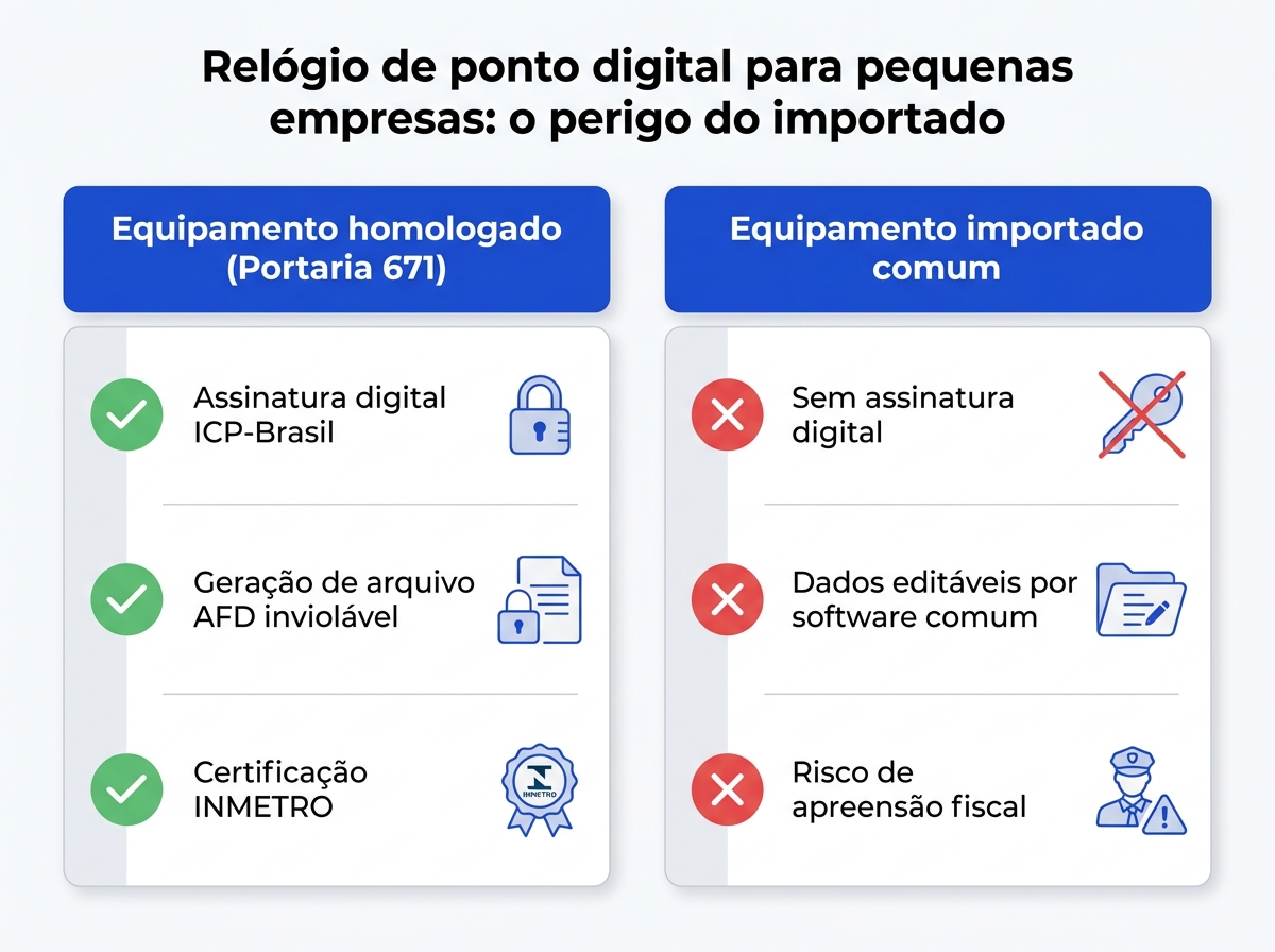 Infográfico comparativo entre relógio de ponto homologado e importado comum.