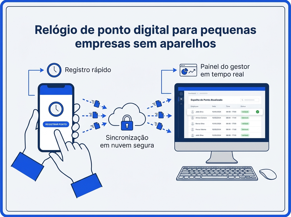 Infográfico mostrando o fluxo de registro de ponto digital do celular do funcionário até o painel do gestor em nuvem.