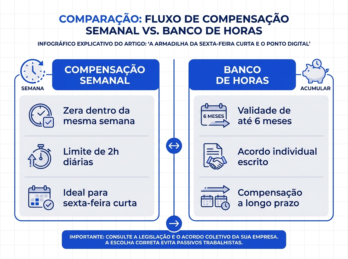 Infográfico comparativo entre compensação semanal de horas e banco de horas para PMEs.