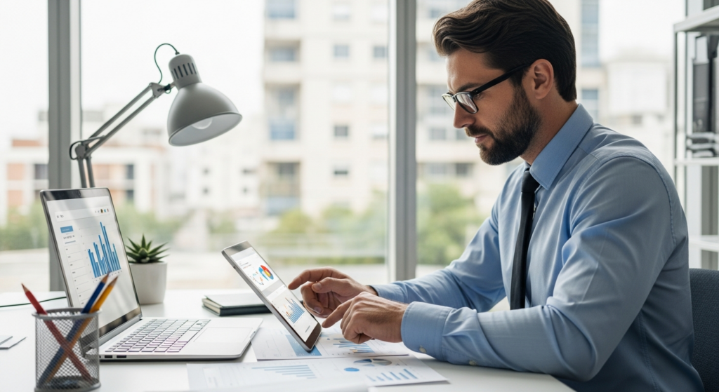 Foto realista de um empresário em seu escritório analisando relatórios financeiros em um tablet, com um relógio de ponto digital moderno fixado na parede ao fundo. Ambiente profissional, iluminação natural, sem textos ou gráficos sobrepostos na imagem. Alt: Empresário analisando relatórios de jornada ao lado de um relógio de ponto digital para pequenas empresas.
