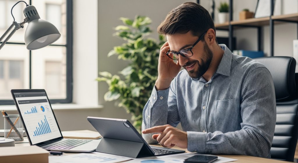 Foto realista de um empresário em seu escritório analisando relatórios financeiros em um tablet, com uma expressão de alívio. Ao fundo, de forma discreta, um relógio de ponto digital moderno instalado na parede de entrada da empresa. Ambiente profissional, iluminação natural e foco no gestor. Alt: Empresário analisando relatórios de jornada de trabalho em sua pequena empresa.