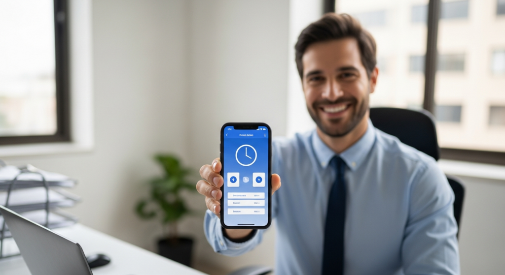 Foto realista de um empresário sorridente em seu escritório moderno, segurando um smartphone e mostrando a tela de marcação de ponto simplificada para a câmera. O ambiente é bem iluminado, profissional e transmite segurança e facilidade. Sem textos ou gráficos sobrepostos na imagem. | alt: Empresário utilizando aplicativo de relógio de ponto simples no smartphone