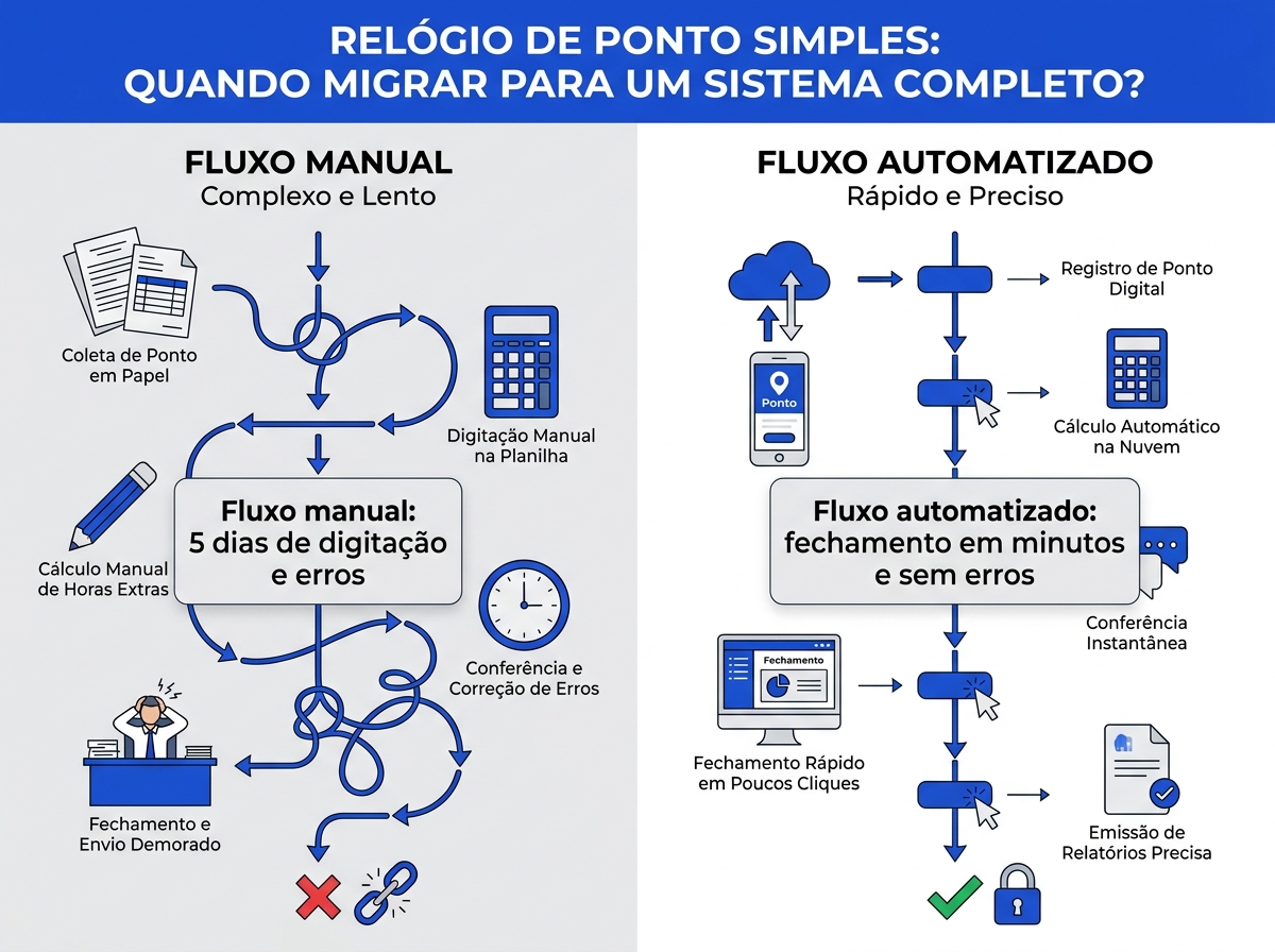 Infográfico comparando o fluxo de fechamento de folha manual com o automatizado.
