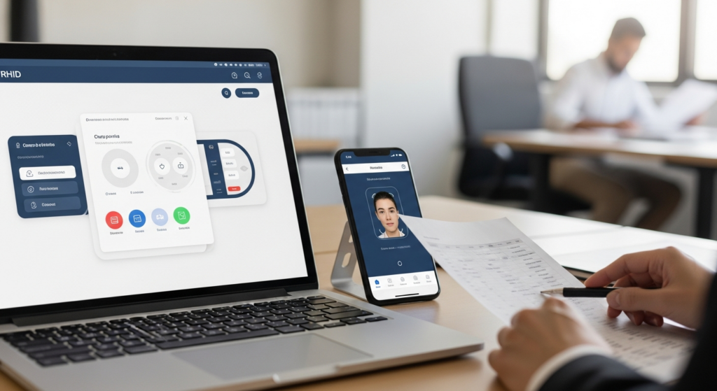 Uma fotografia profissional em estilo corporativo mostrando a tela de um notebook aberto exibindo um painel de controle de ponto moderno e limpo. Ao lado do notebook, há um smartphone mostrando uma tela de marcação de ponto por reconhecimento facial. O ambiente é um escritório moderno e bem iluminado, com foco nítido nos dispositivos tecnológicos e desfoque suave ao fundo. Sem textos ou gráficos sobrepostos. Alt: Tela de notebook e smartphone exibindo o sistema de controle de ponto digital RHiD em um escritório moderno.