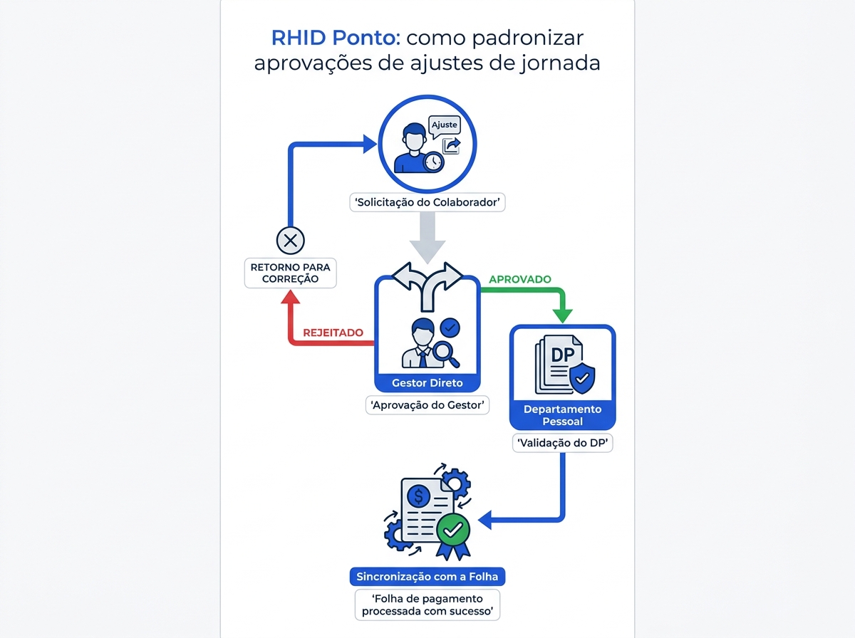 Infográfico do fluxo de aprovação de ajustes de jornada no RHID Ponto
