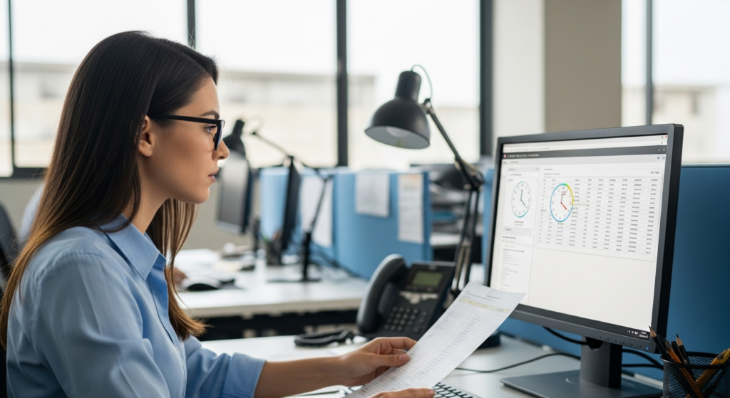 Foto realista em plano médio de uma profissional de recursos humanos de perfil técnico, concentrada, analisando dados em um monitor de computador em um escritório moderno e bem iluminado. A tela exibe uma interface de software de controle de ponto com gráficos limpos, sem textos legíveis ou números em destaque. A atmosfera transmite precisão, conformidade e organização. Sem textos ou elementos gráficos sobrepostos.