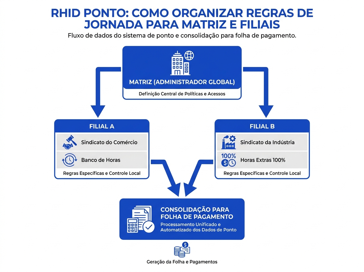 Infográfico do fluxo de parametrização multiempresa no rhid ponto
