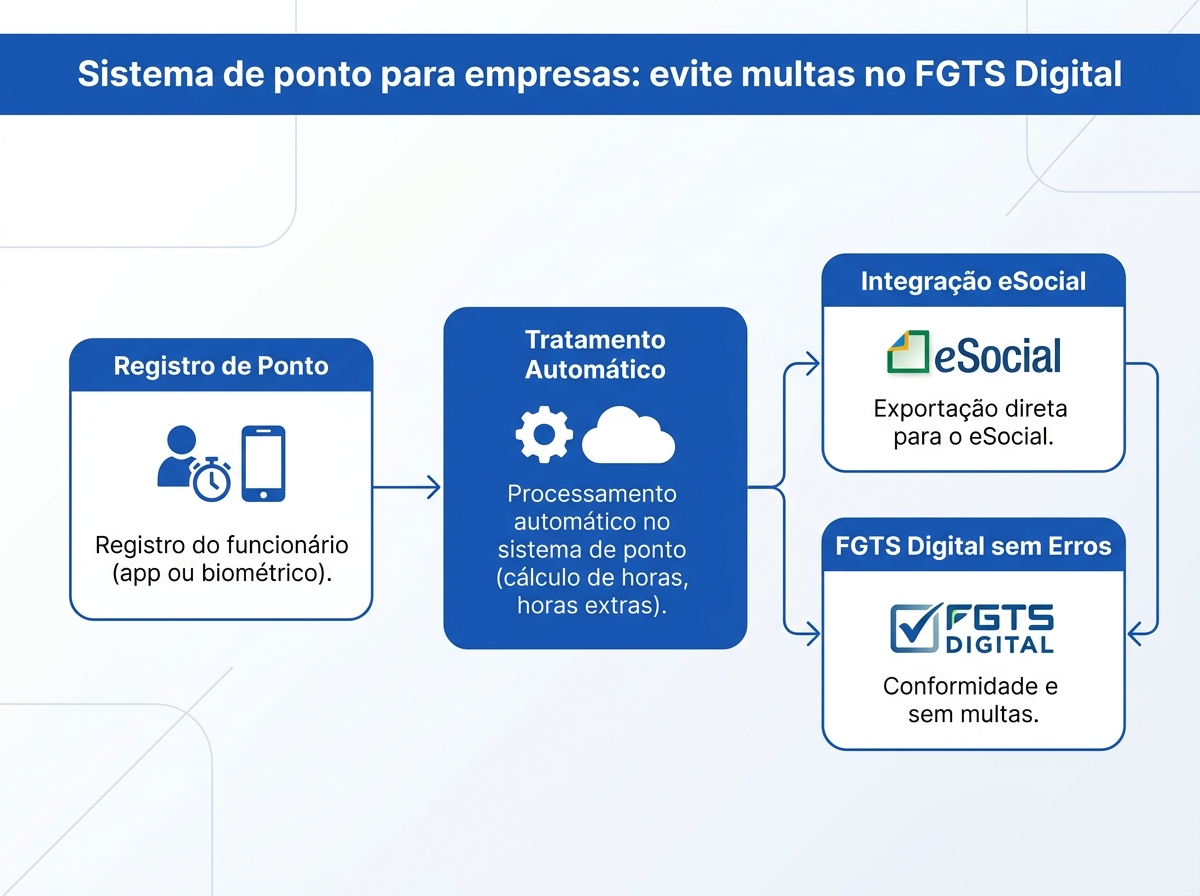 Infográfico do fluxo de integração entre sistema de ponto para empresas, eSocial e FGTS Digital.