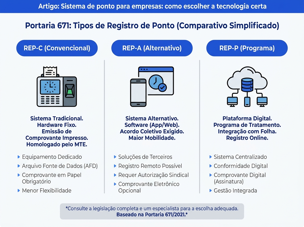 Infográfico explicativo sobre os tipos de registro de ponto Portaria 671