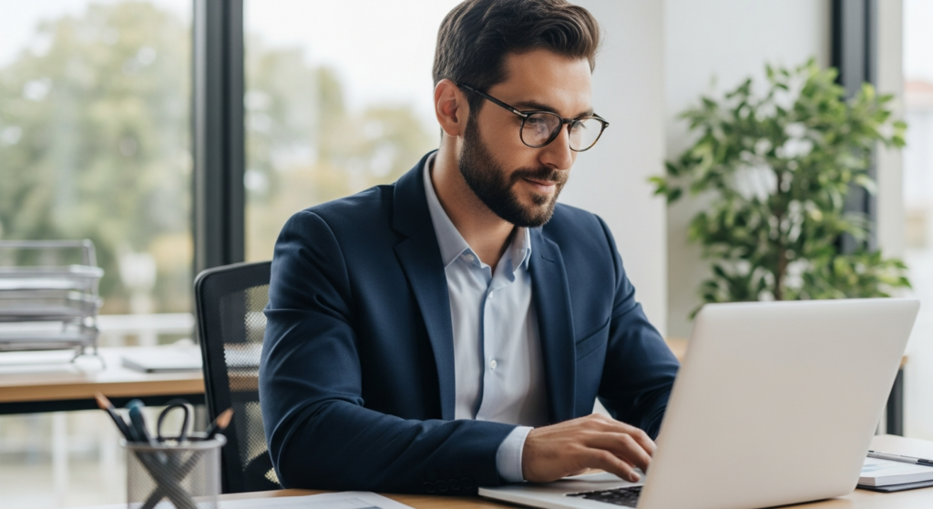 Foto realista de um empresário em seu escritório analisando relatórios de jornada de trabalho em um notebook, com expressão de tranquilidade e segurança. Ambiente profissional moderno e bem iluminado. Sem textos ou gráficos na tela. alt: Empresário analisando relatórios de jornada em um sistema de ponto para empresas