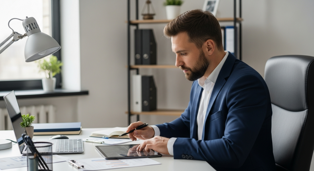 Foto realista de um empresário em seu escritório analisando relatórios financeiros em um tablet, com uma expressão focada e profissional. O ambiente é moderno, bem iluminado e transmite organização e segurança jurídica. Sem textos, gráficos ou elementos flutuantes na imagem. Alt: Empresário analisando relatórios de jornada em tablet no escritório.