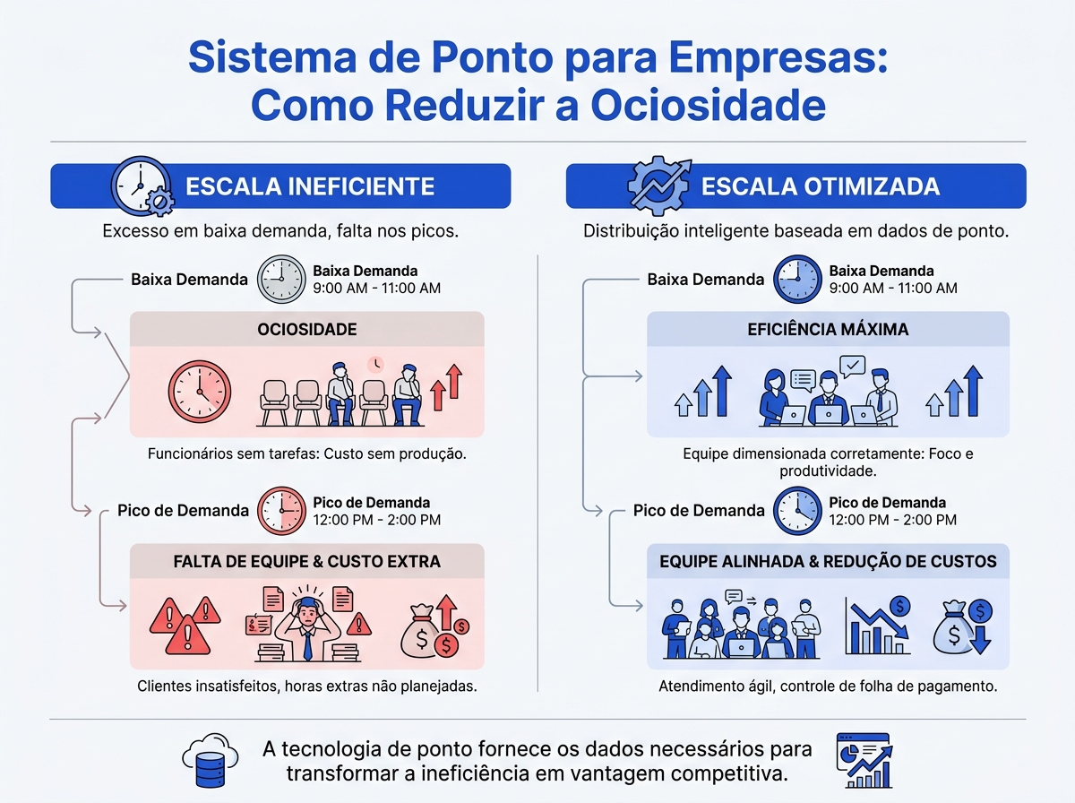 Infográfico comparativo entre escala de trabalho ineficiente e escala otimizada com dados de ponto