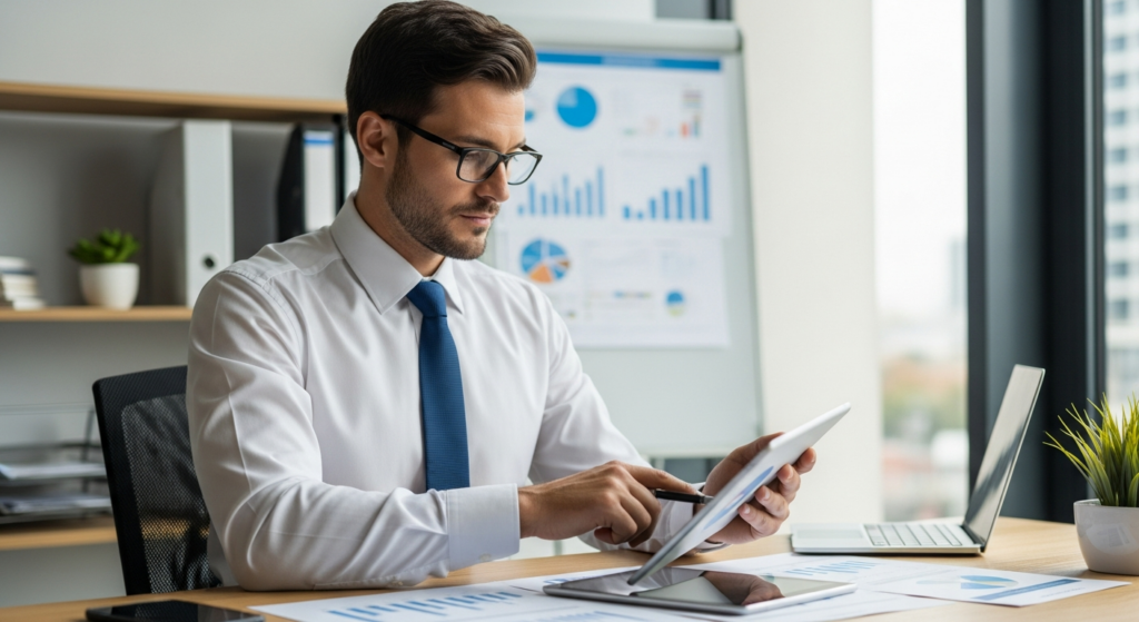 Foto realista de um empresário em seu escritório analisando relatórios financeiros e gráficos de desempenho em um tablet, com uma expressão focada e profissional. O ambiente é moderno, bem iluminado, transmitindo organização e tomada de decisão estratégica. Sem textos ou gráficos sobrepostos.