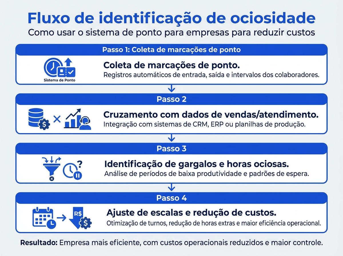 Infográfico mostrando o fluxo de identificação de ociosidade operacional usando dados do sistema de ponto para empresas.