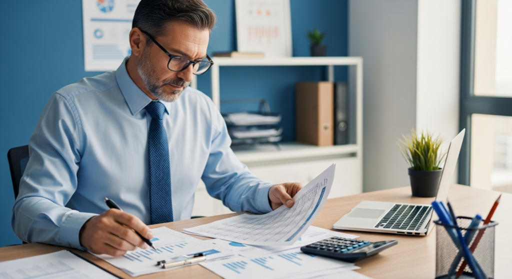 Foto realista de um empresário de meia-idade em seu escritório analisando relatórios financeiros impressos e planilhas, com uma expressão de concentração e busca por eficiência. O ambiente é profissional, bem iluminado, mostrando uma mesa organizada com notebook fechado, caneta e calculadora. Sem textos, gráficos complexos ou logos na imagem.