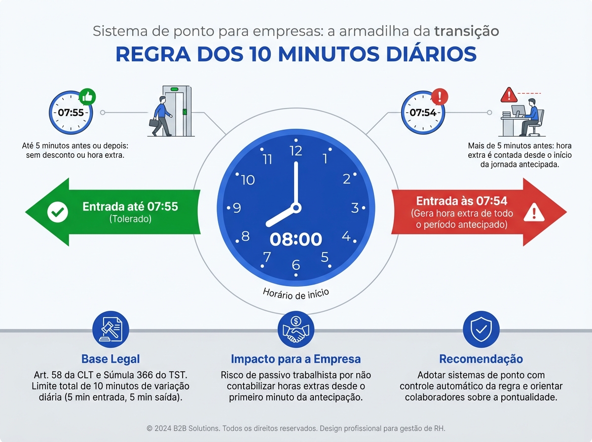 Infográfico explicativo sobre a regra de tolerância de 10 minutos diários no registro de ponto segundo a CLT