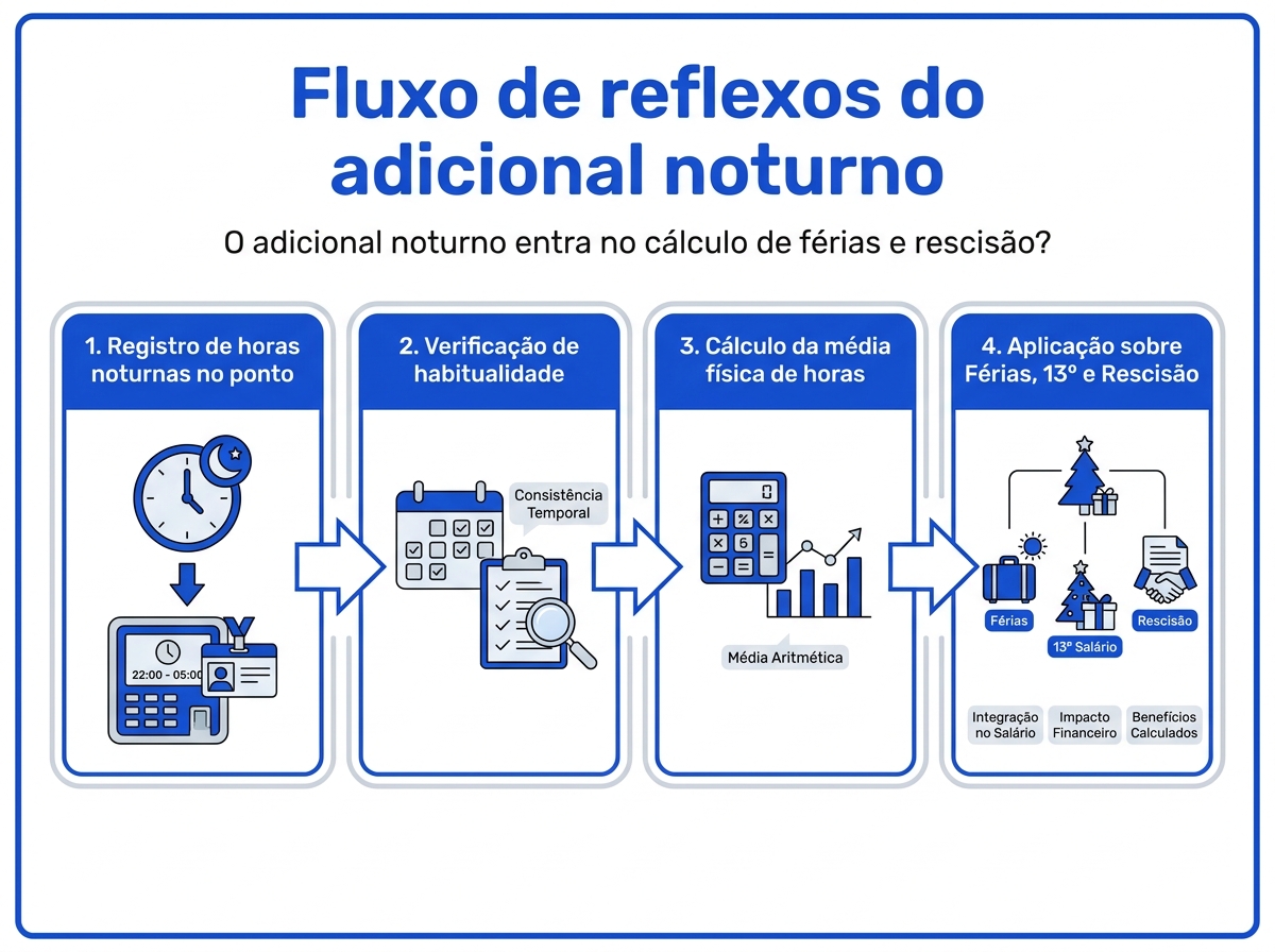Infográfico mostrando o fluxo de cálculo e reflexos do adicional noturno nas verbas trabalhistas.