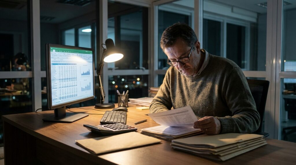 Foto realista de um profissional de departamento pessoal analisando relatórios de folha de pagamento em uma tela de computador à noite, com uma calculadora e documentos organizados sobre a mesa de madeira, iluminação focada e ambiente de escritório corporativo sério. Sem textos ou gráficos na imagem.