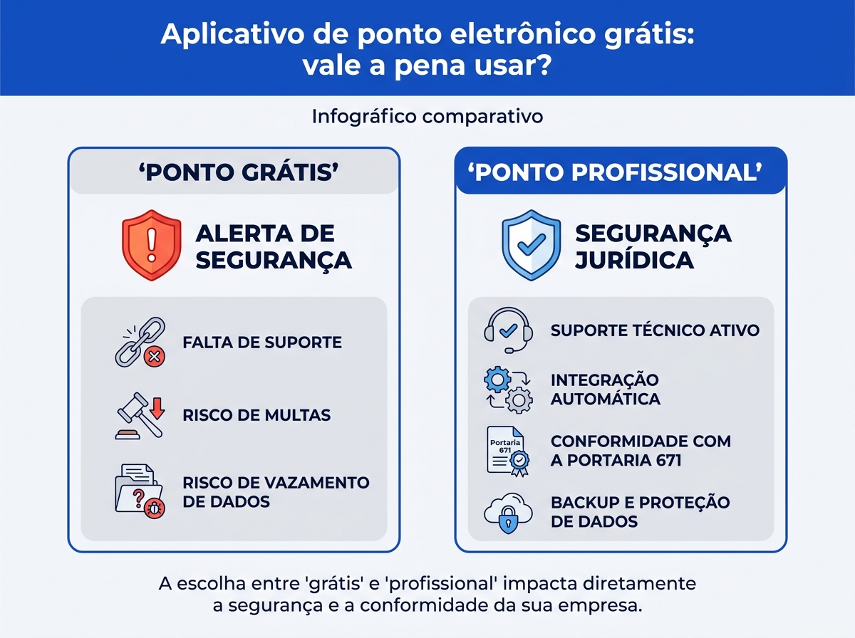 Infográfico comparativo entre aplicativo de ponto gratuito e sistema profissional homologado