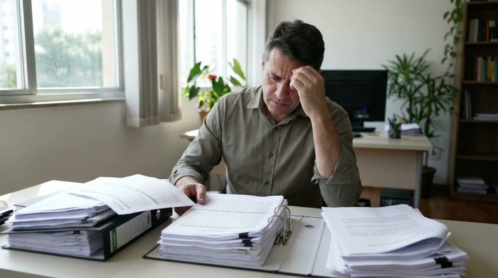 Foto realista de um empresário preocupado em seu escritório, analisando planilhas de horas extras e relatórios de jornada em papel, com uma expressão de dúvida sobre a segurança jurídica de seus processos. Ambiente de escritório moderno de pequena empresa, iluminação natural. Sem textos ou gráficos na tela.
