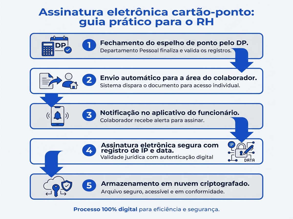 Infográfico do fluxo de assinatura eletrônica do cartão-ponto desde o fechamento até o armazenamento em nuvem.
