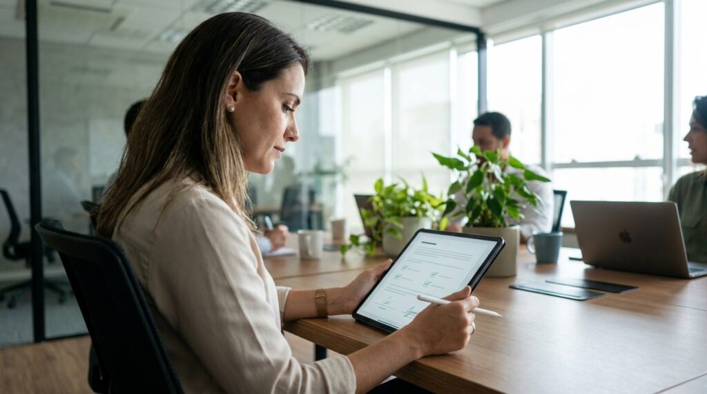 Foto realista de uma profissional de recursos humanos em seu escritório moderno, utilizando um tablet para revisar e validar documentos digitais de funcionários. O ambiente é profissional, bem iluminado, com foco na tela do tablet que exibe um layout limpo de sistema de gestão, sem textos legíveis. Alt: Profissional de RH revisando assinatura eletrônica de cartão-ponto em um tablet.