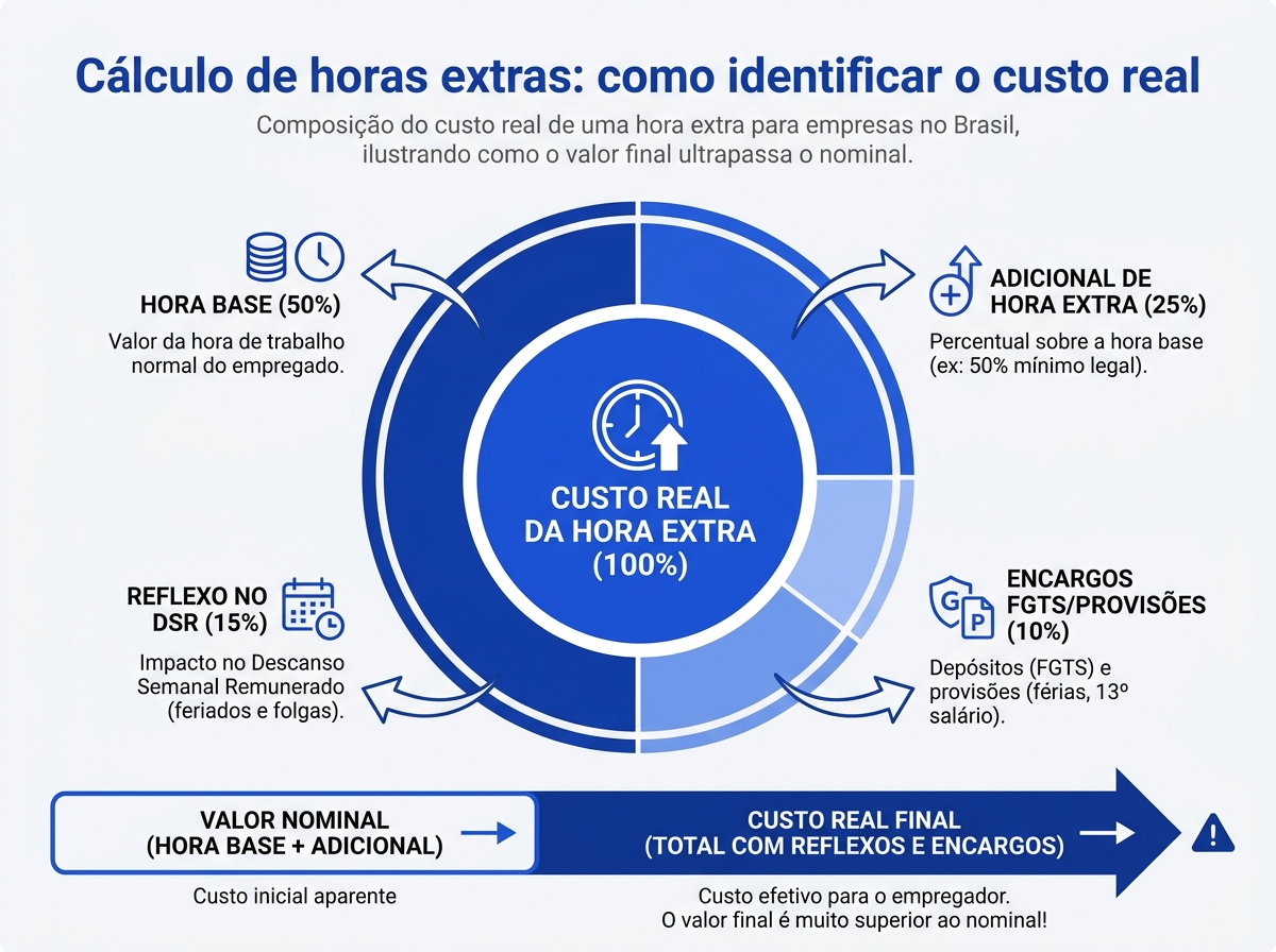 Infográfico demonstrando a composição do custo real de uma hora extra além do valor nominal