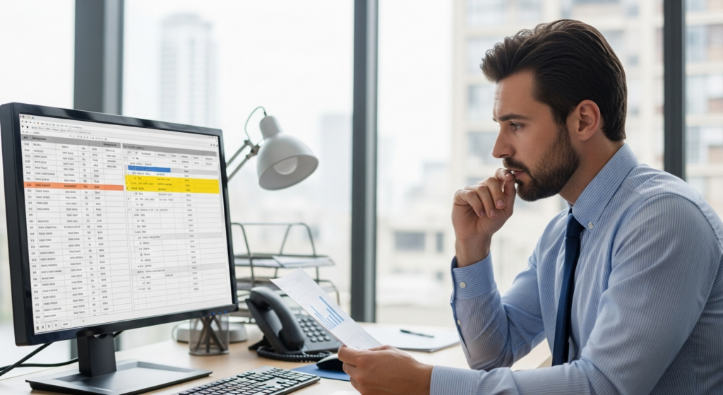 Foto realista de um empresário em seu escritório analisando relatórios financeiros impressos e uma tela de computador com planilhas de custos, expressando preocupação com os números. Ambiente corporativo moderno e bem iluminado. Sem textos, gráficos ou números legíveis na imagem.