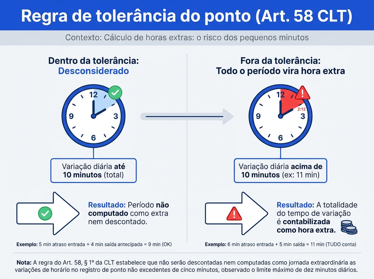 Infográfico sobre a regra de tolerância de 10 minutos diários para cálculo de horas extras