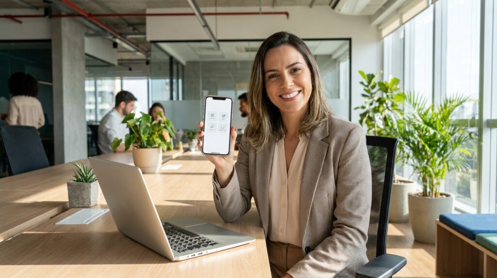 Foto de uma profissional de recursos humanos sorrindo em frente a um notebook em um escritório moderno, segurando um smartphone que exibe uma interface limpa de aplicativo corporativo. A imagem transmite eficiência, tecnologia e leveza no ambiente de trabalho, sem textos ou gráficos sobrepostos.