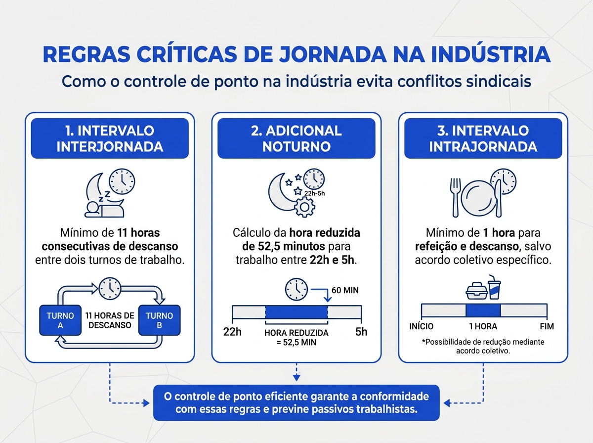 Infográfico sobre regras críticas de jornada e intervalos na indústria