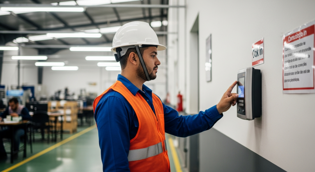 Foto realista de um ambiente industrial moderno e limpo, mostrando um colaborador de capacete e colete de segurança registrando sua jornada de trabalho em um relógio de ponto digital fixado na parede da fábrica. A iluminação é natural e o foco está na ação de registro, transmitindo segurança e conformidade. Sem textos ou gráficos sobrepostos.