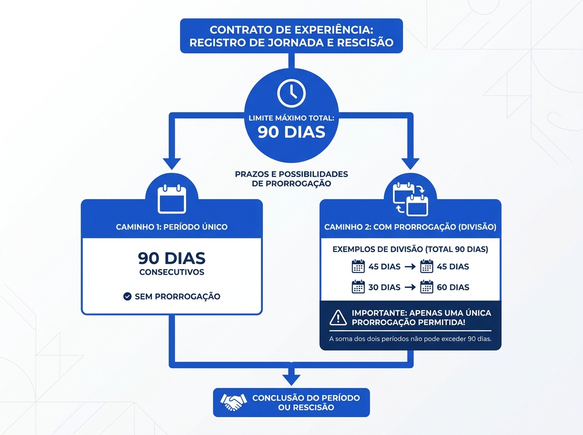 Infográfico explicativo sobre os prazos e regras de prorrogação do contrato de experiência.