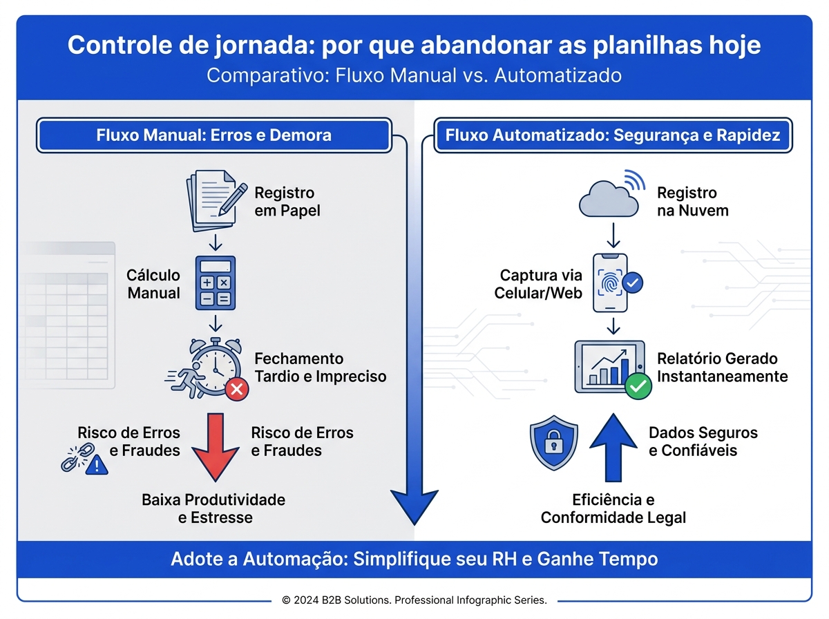 Infográfico comparativo entre o fluxo manual de fechamento de ponto e o fluxo automatizado de controle de jornada