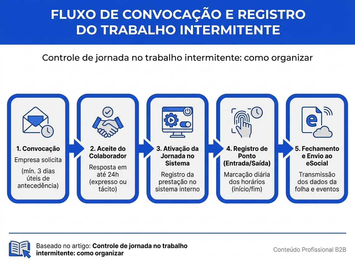 Infográfico do fluxo de controle de jornada no trabalho intermitente