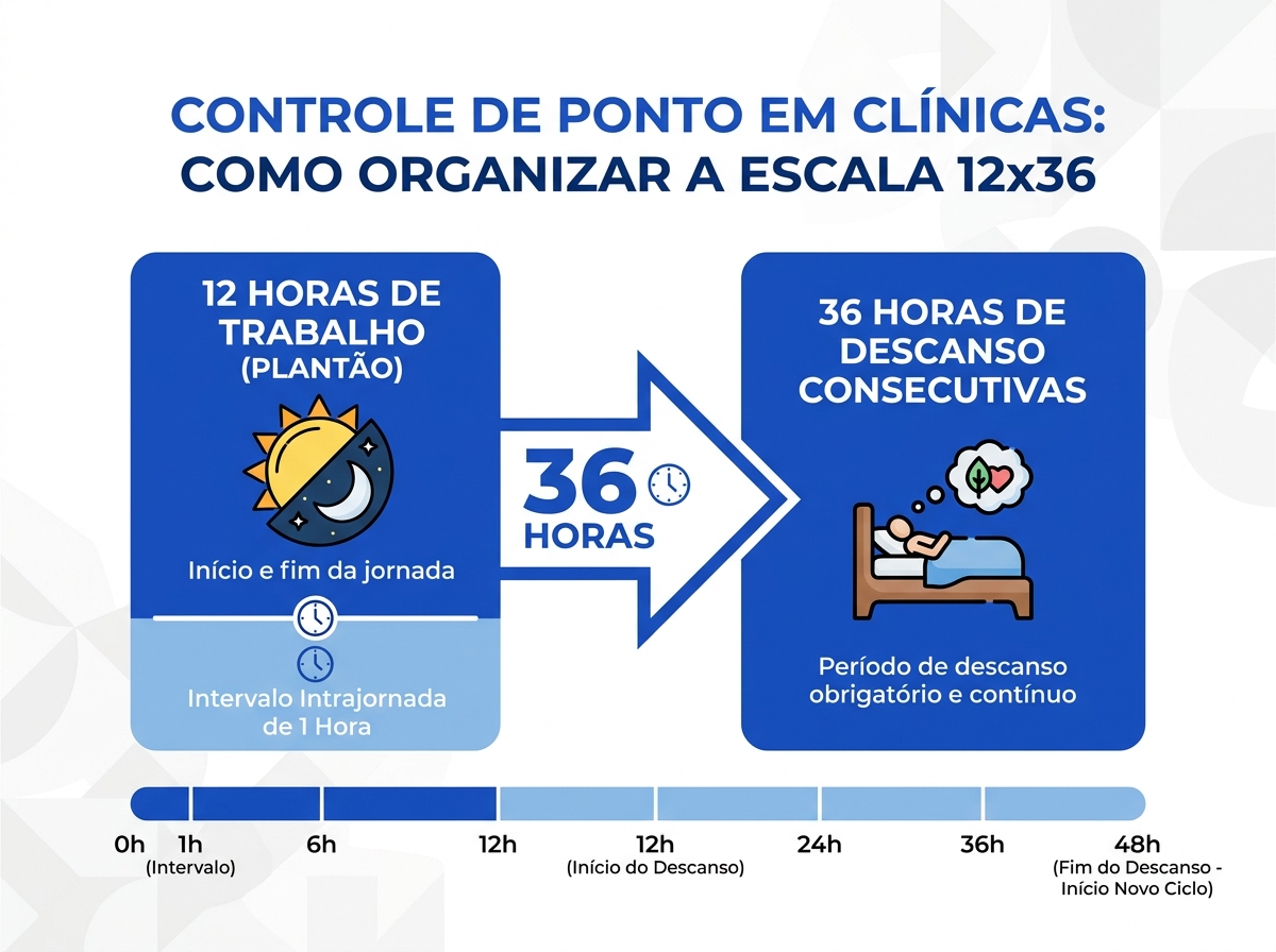Infográfico explicativo sobre o funcionamento do ciclo de trabalho e descanso na escala 12x36.