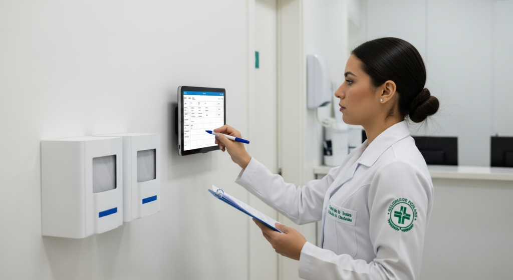 Foto realista de uma recepção de clínica médica organizada, mostrando uma profissional de saúde de jaleco registrando sua jornada de trabalho em um tablet fixado na parede, ambiente limpo e profissional, sem textos ou gráficos na tela. alt: Profissional de saúde registrando ponto digital em recepção de clínica médica.