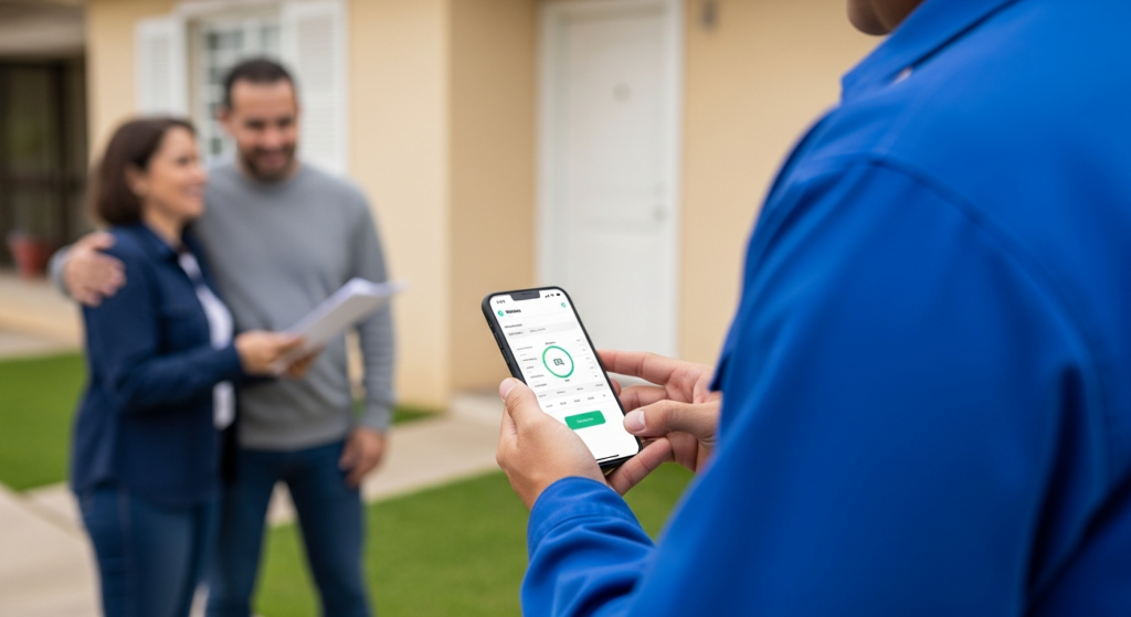 Foto realista de um técnico de serviços externos de uniforme azul, segurando um smartphone na mão em frente a um cliente residencial, registrando sua jornada de trabalho pelo aplicativo de ponto. O ambiente é externo, com luz do dia natural, mostrando o profissional focado na tela do celular. Sem textos ou gráficos sobrepostos na imagem. alt: Técnico de serviços externos registrando sua jornada de trabalho pelo celular