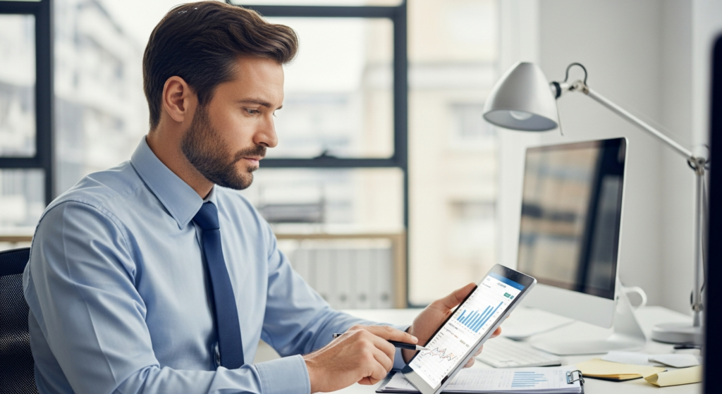 Foto realista de um empresário em seu escritório analisando relatórios financeiros e de jornada em um tablet, com expressão de preocupação e foco. O ambiente é corporativo, moderno e bem iluminado, sem textos ou gráficos fictícios na tela do aparelho. Alt: Empresário analisando relatórios de controle de ponto e horas extras no escritório.
