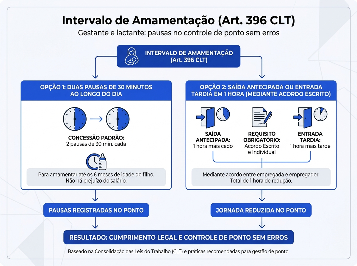 Infográfico explicativo sobre as opções de intervalo para amamentação segundo o artigo 396 da CLT