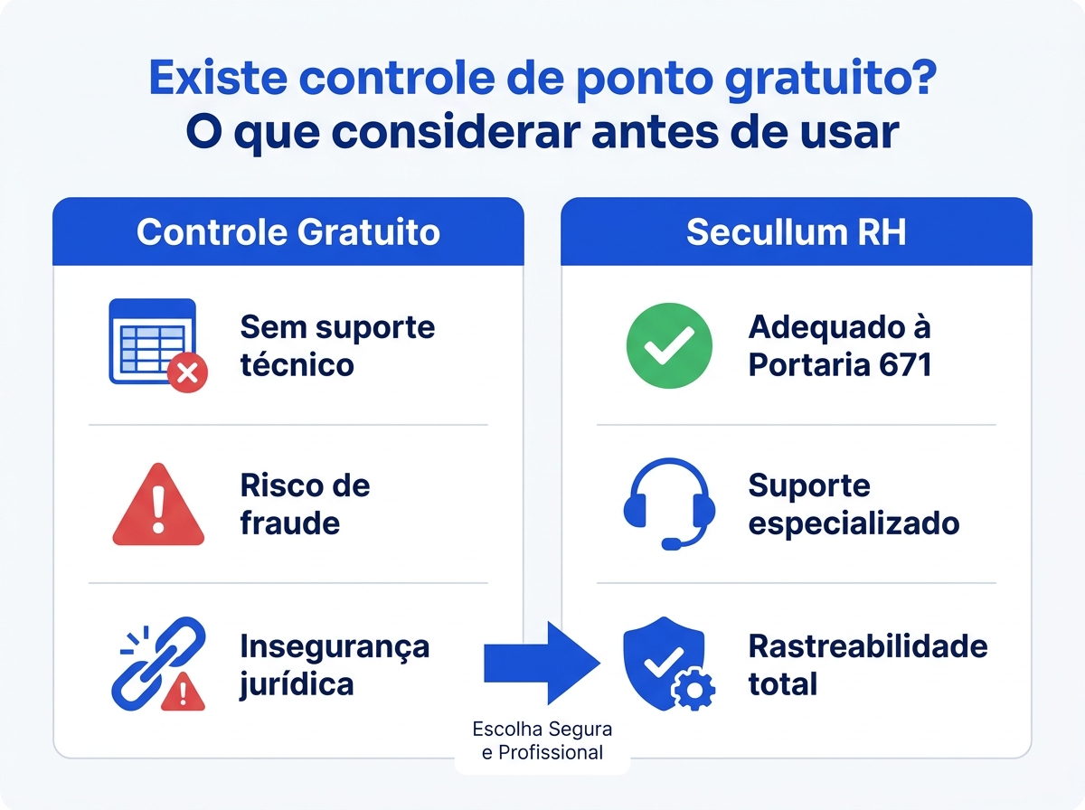 Infográfico comparativo entre controle de ponto gratuito e o sistema profissional Secullum RH.