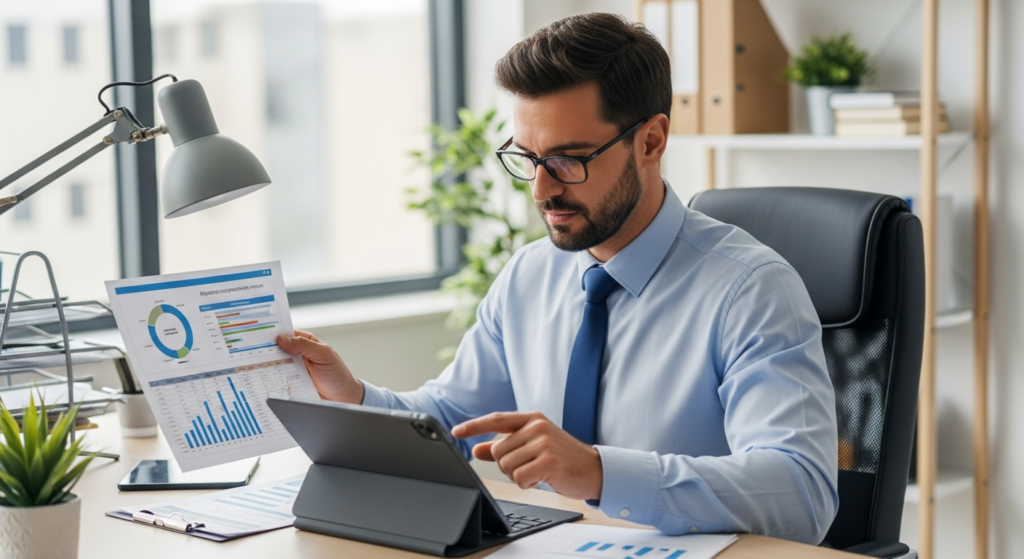 Empresário em seu escritório analisando relatórios de desempenho e gráficos de horas em um tablet moderno, com expressão de foco e controle. alt: Empresário analisando indicadores de jornada e controle de ponto em sua empresa
